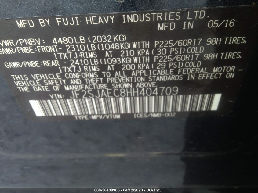 2017 SUBARU FORESTER PREMIUM - JF2SJAEC8HH404709