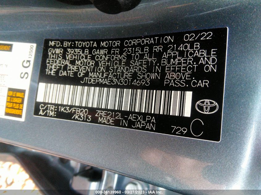 2022 TOYOTA COROLLA LE - JTDEPMAE3N3014693
