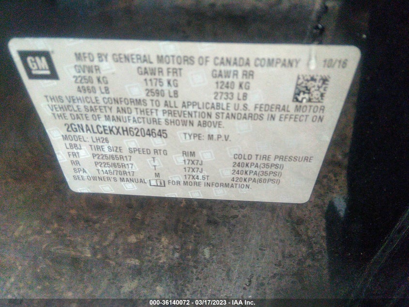 VIN 2GNALCEKXH6204645 2017 CHEVROLET EQUINOX LT