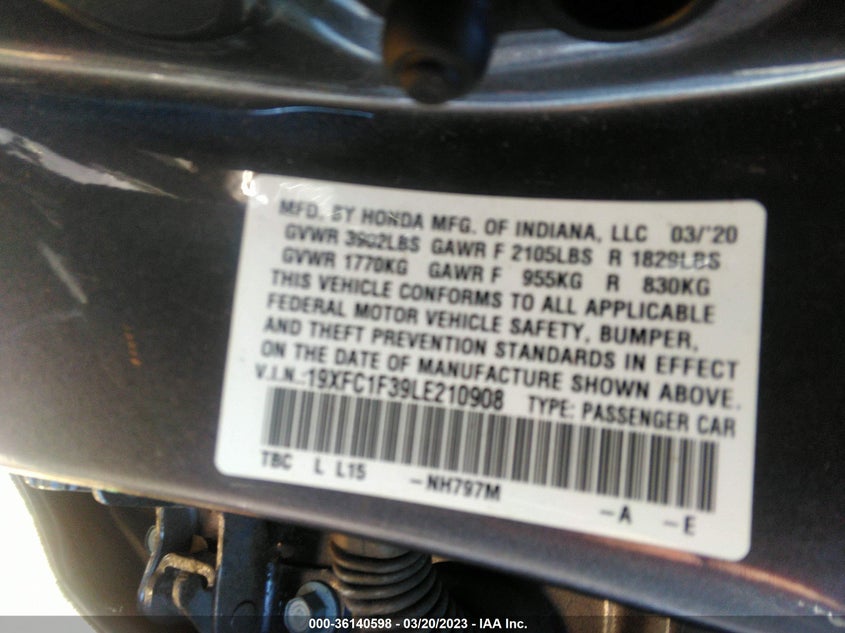 VIN 19XFC1F39LE210908 2020 HONDA CIVIC SEDAN EX