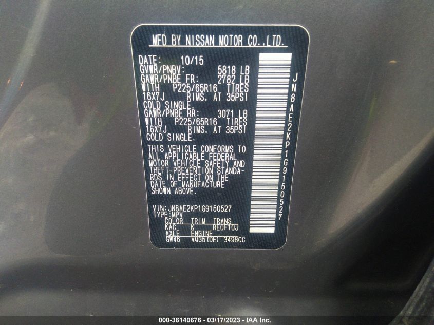 2016 NISSAN QUEST SV/S/PLATINUM/SL - JN8AE2KP1G9150527