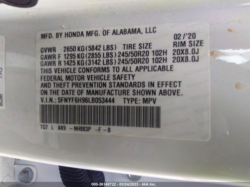 2020 HONDA PILOT TOURING 8-PASSENGER - 5FNYF6H96LB053444