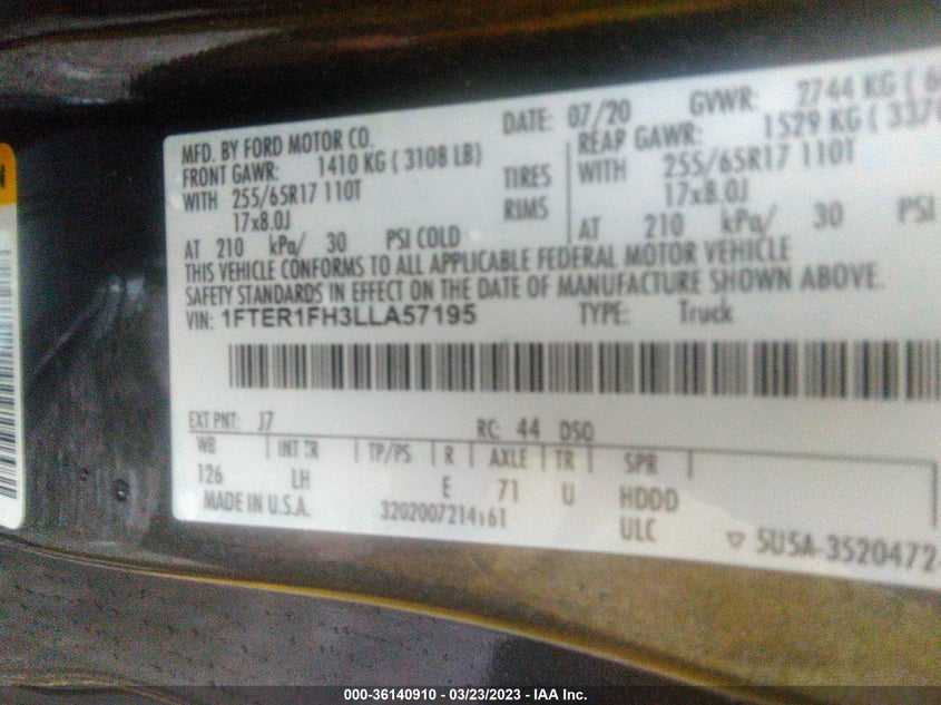 VIN 1FTER1FH3LLA57195 2020 FORD RANGER XL/XLT/LARIAT