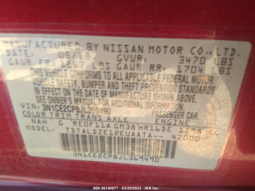VIN 3N1CE2CP8JL369490 2018 NISSAN VERSA NOTE SV