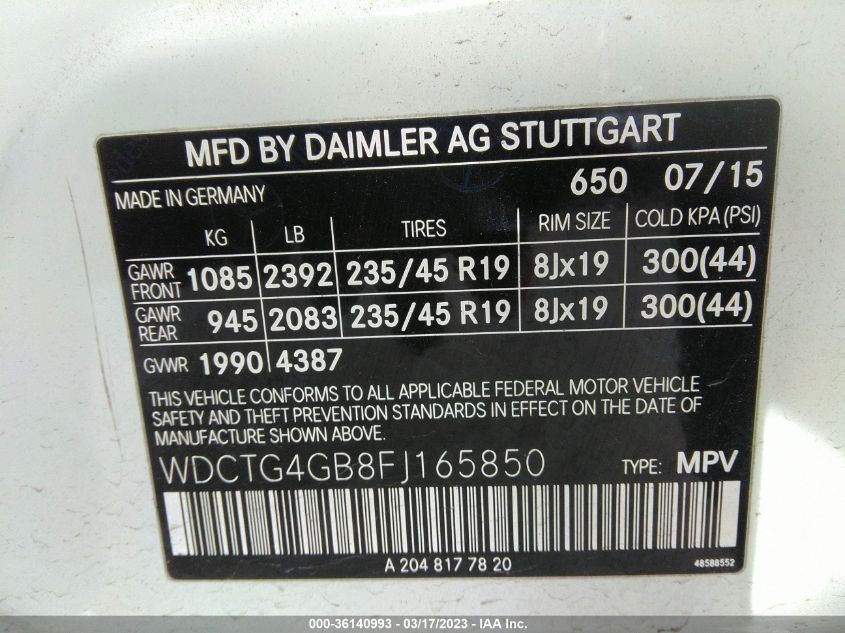 2015 MERCEDES-BENZ GLA-CLASS GLA 250 WDCTG4GB8FJ165850