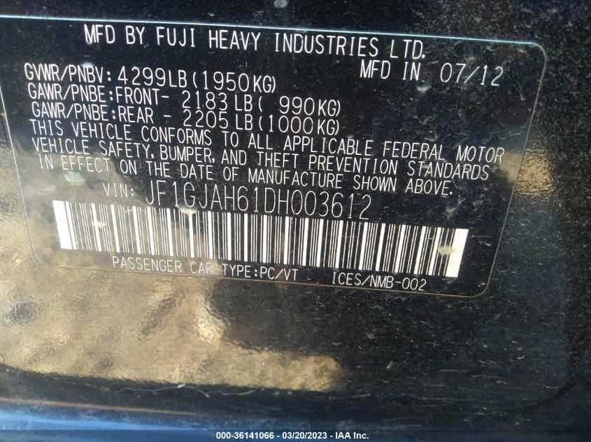 2013 SUBARU IMPREZA SEDAN LIMITED - JF1GJAH61DH003612