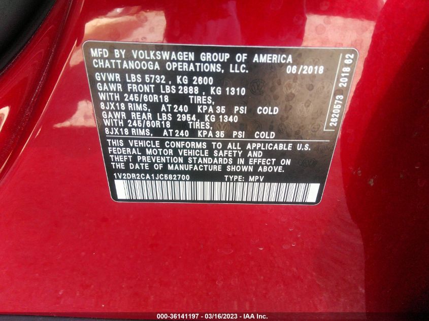 2018 VOLKSWAGEN ATLAS 3.6L V6 SE - 1V2DR2CA1JC582700