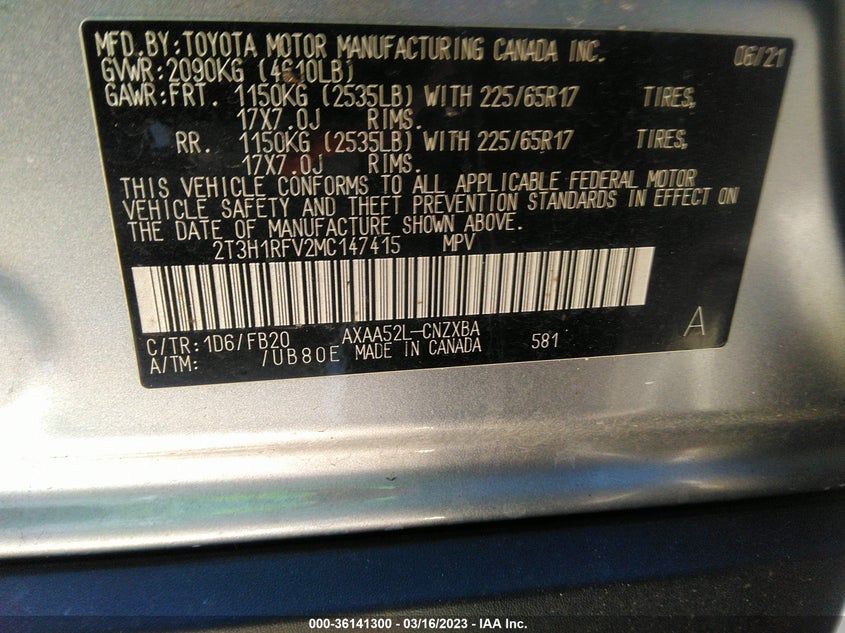 VIN 2T3H1RFV2MC147415 2021 TOYOTA RAV4 LE