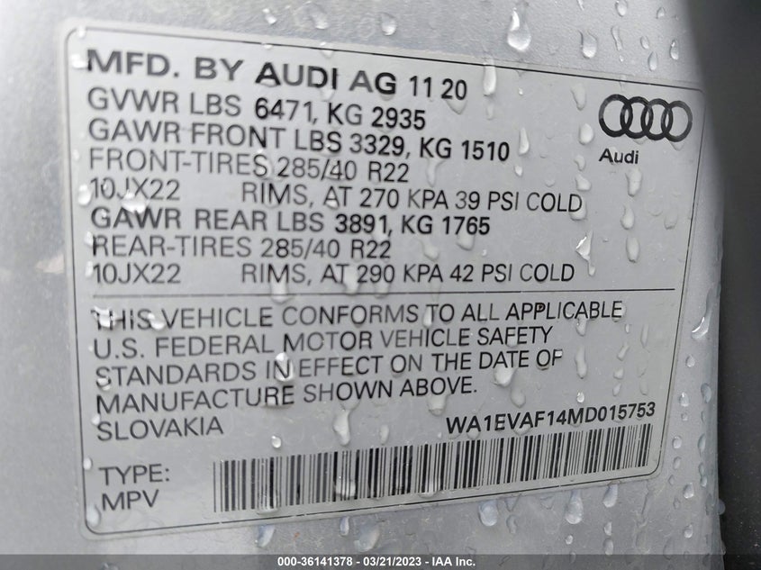 VIN WA1EVAF14MD015753 2021 AUDI Q8 PREMIUM PLUS
