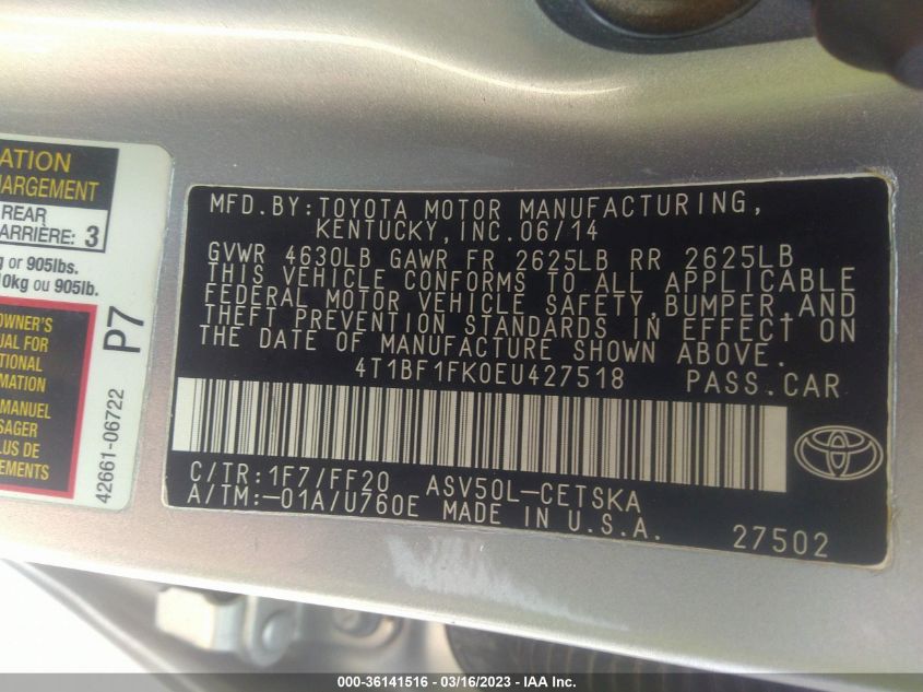 2014 TOYOTA CAMRY L/LE/XLE/SE/SE SPORT - 4T1BF1FK0EU427518