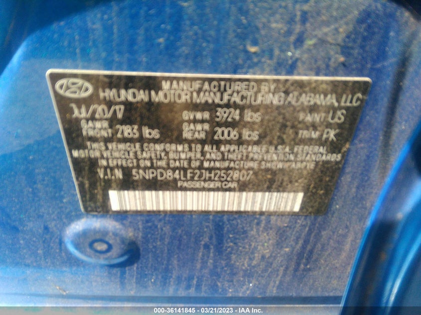 VIN 5NPD84LF2JH252807 2018 HYUNDAI ELANTRA SEL
