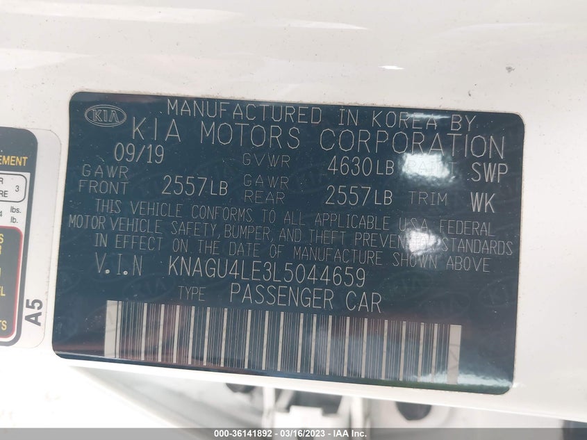 VIN KNAGU4LE3L5044659 2020 KIA OPTIMA HYBRID EX