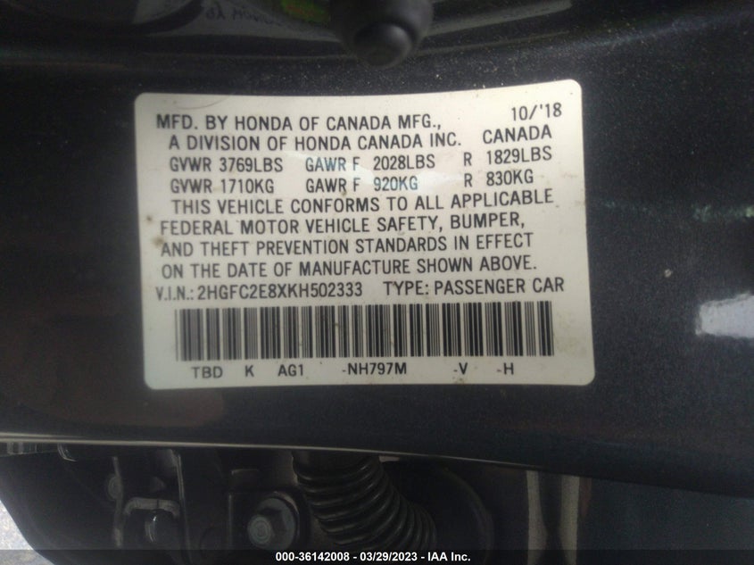 VIN 2HGFC2E8XKH502333 2019 HONDA CIVIC SEDAN SPORT