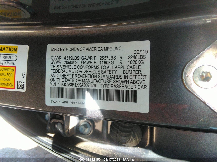 VIN 1HGCV3F1XKA007326 2019 HONDA ACCORD HYBRID