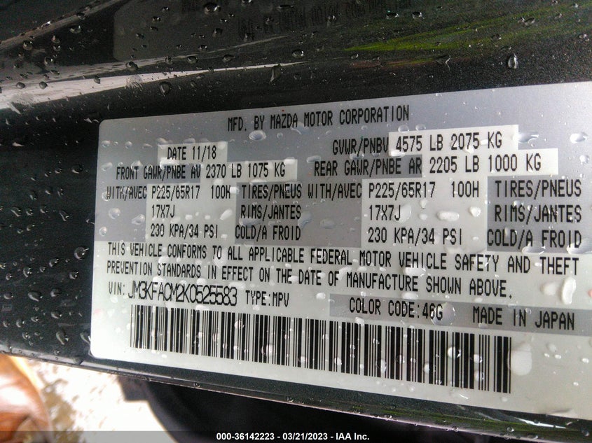 VIN JM3KFACM2K0525583 2019 MAZDA CX-5 TOURING