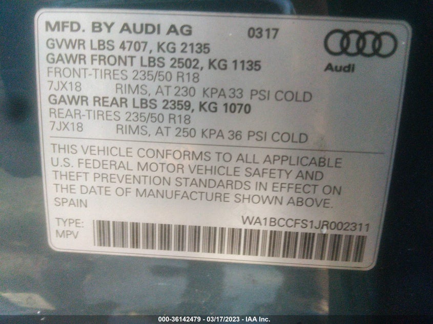 VIN WA1BCCFS1JR002311 2018 AUDI Q3 PREMIUM/SPORT PREMIUM