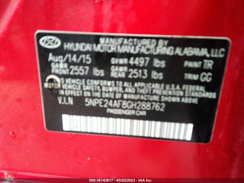 2016 HYUNDAI SONATA VIN: 5NPE24AF8GH288762