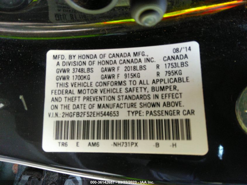 2014 HONDA CIVIC SEDAN LX - 2HGFB2F52EH544653