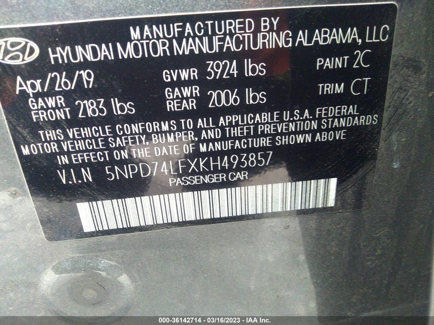 VIN 5NPD74LFXKH493857 2019 HYUNDAI ELANTRA SE