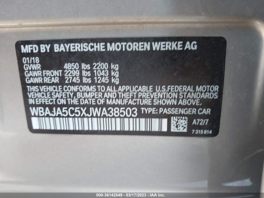 VIN WBAJA5C5XJWA38503 2018 BMW 5 SERIES 530I
