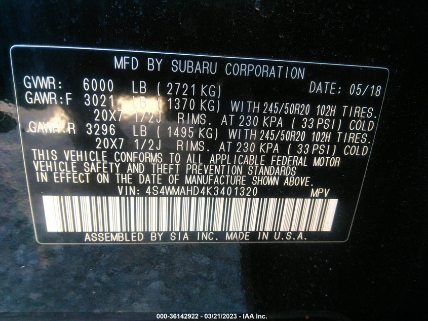 VIN 4S4WMAHD4K3401320 2019 SUBARU ASCENT PREMIUM