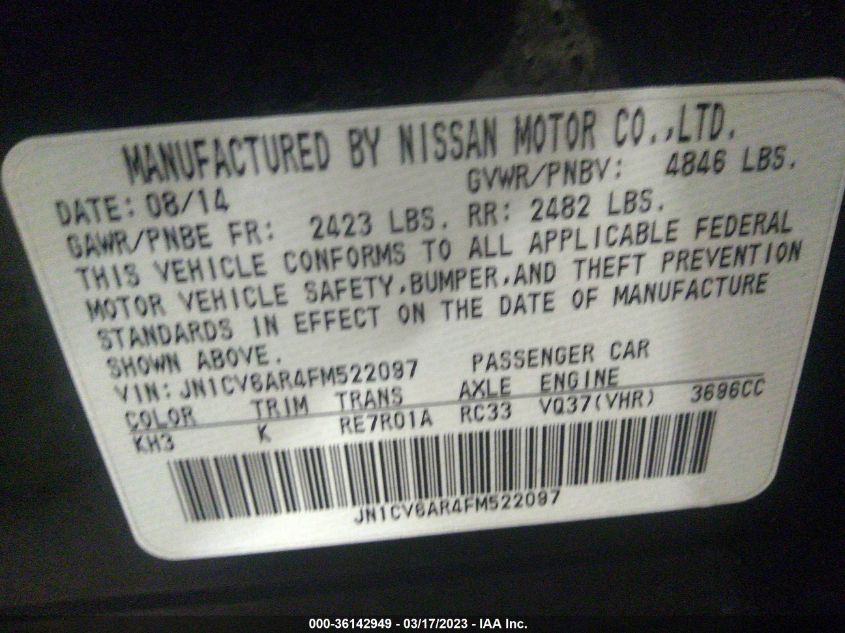 2015 INFINITI Q40 JN1CV6AR4FM522097
