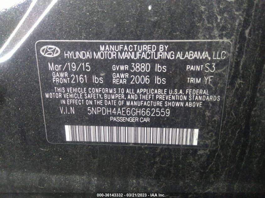 2016 HYUNDAI ELANTRA SE - 5NPDH4AE6GH662559