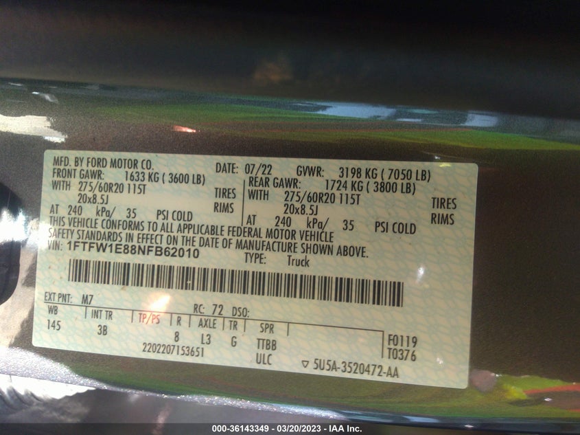 VIN 1FTFW1E88NFB62010 2022 FORD F-150 XL/XLT/LARIAT