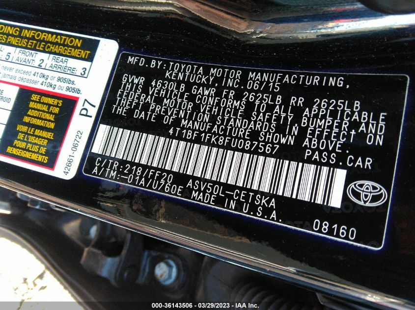 2015 TOYOTA CAMRY XLE/SE/LE/XSE - 4T1BF1FK8FU087567