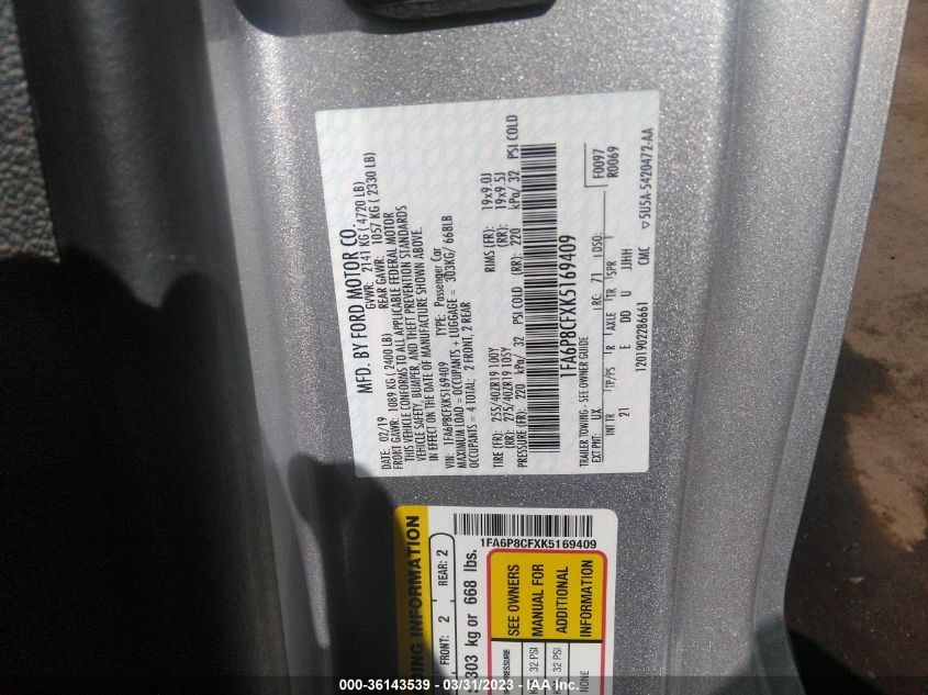 2019 FORD MUSTANG GT - 1FA6P8CFXK5169409