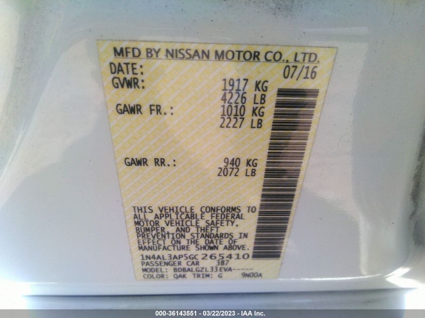 2016 NISSAN ALTIMA 2.5 S - 1N4AL3AP5GC265410