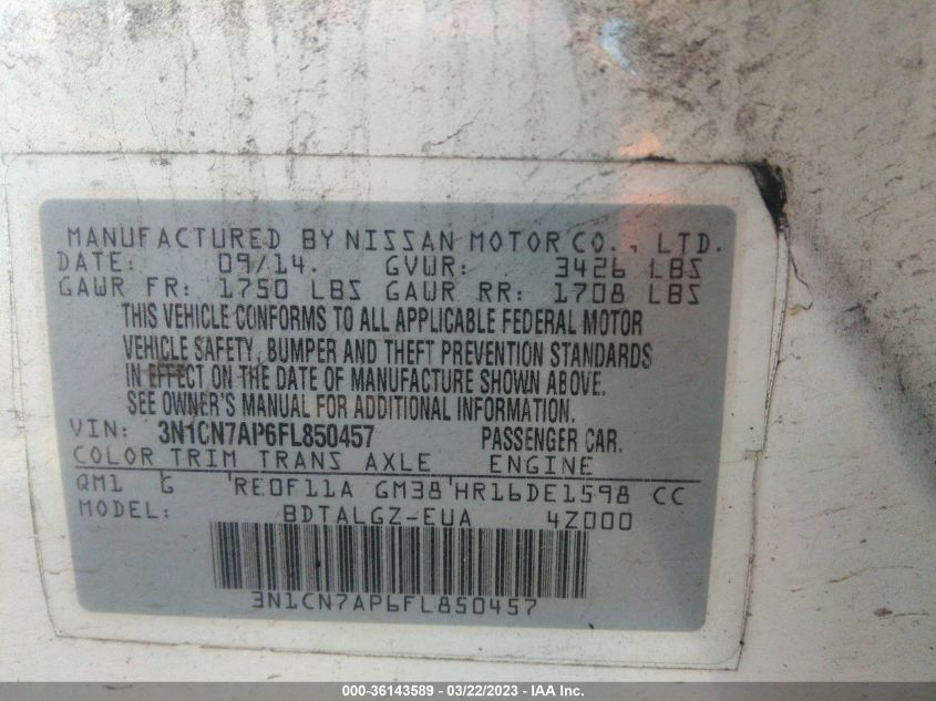 2015 NISSAN VERSA SL - 3N1CN7AP6FL850457