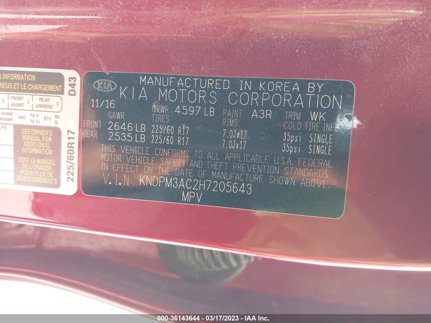 VIN KNDPM3AC2H7205643 2017 KIA SPORTAGE LX