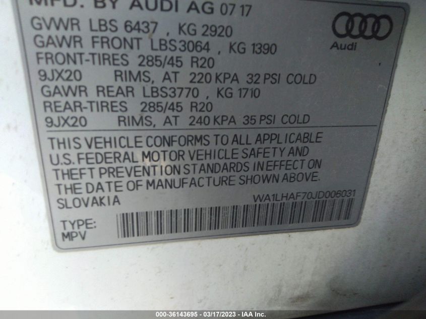 Auction sale of the 2018 AUDI Q7 , vin: WA1LHAF70JD006031, lot number: 36143695