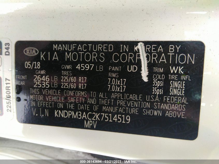 2019 KIA SPORTAGE LX - KNDPM3AC2K7514519