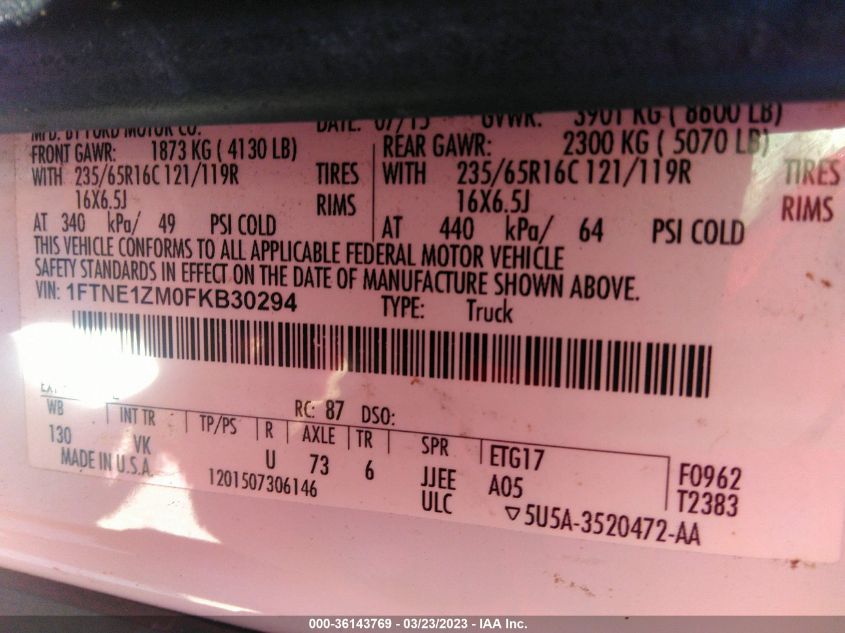 2015 FORD TRANSIT CARGO VAN - 1FTNE1ZM0FKB30294
