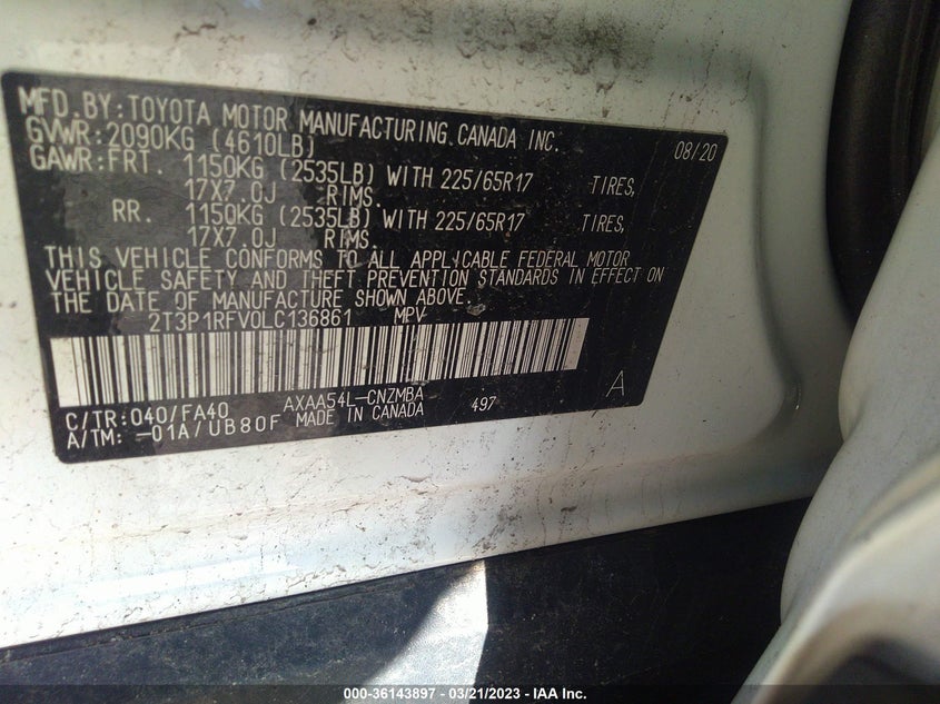 VIN 2T3P1RFV0LC136861 2020 TOYOTA RAV4 XLE