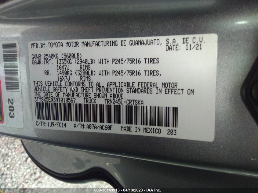 VIN 3TYSX5EN3NT010567 2022 TOYOTA TACOMA 4WD SR5