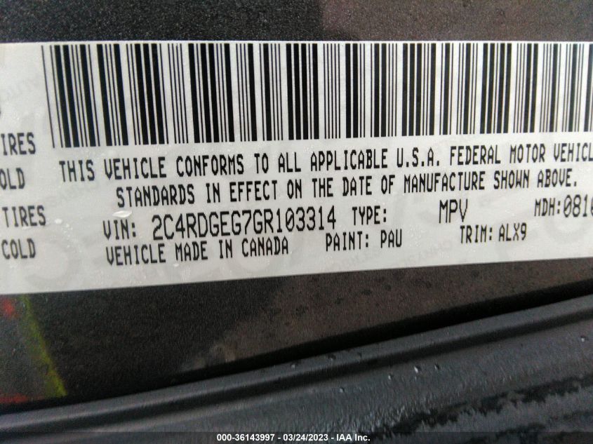 2016 DODGE GRAND CARAVAN R/T - 2C4RDGEG7GR103314