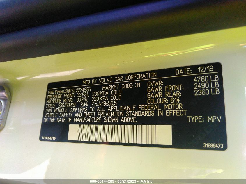 2020 VOLVO XC40 MOMENTUM YV4AC2HK5L2274555