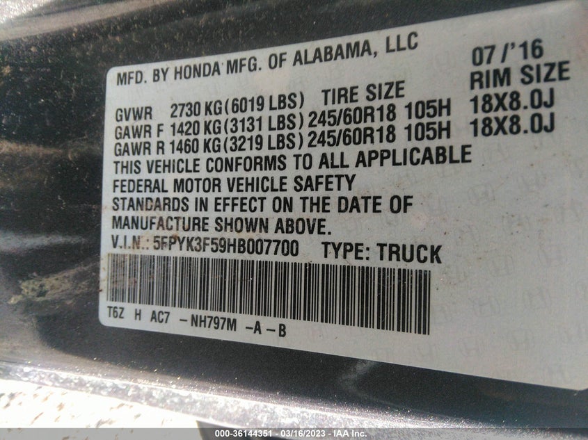VIN 5FPYK3F59HB007700 2017 HONDA RIDGELINE RTL
