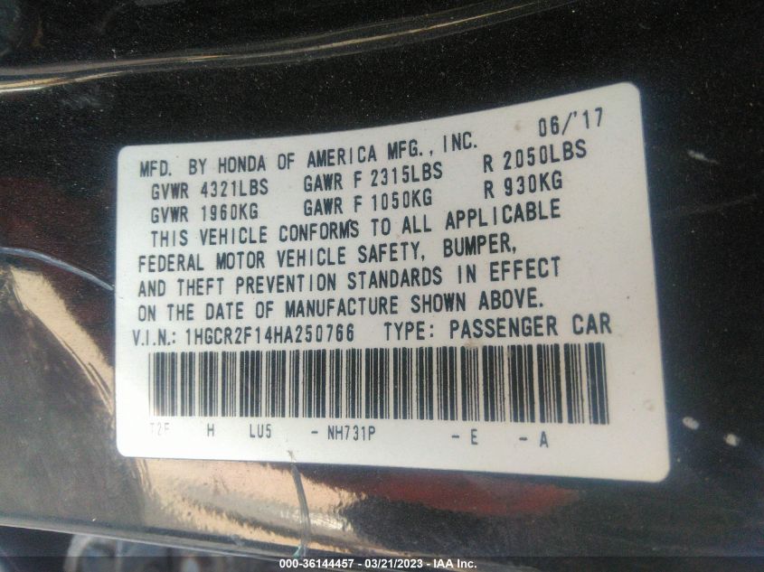 2017 HONDA ACCORD SEDAN SPORT SE - 1HGCR2F14HA250766