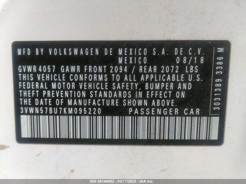 VIN 3VWN57BU7KM095220 2019 VOLKSWAGEN JETTA S