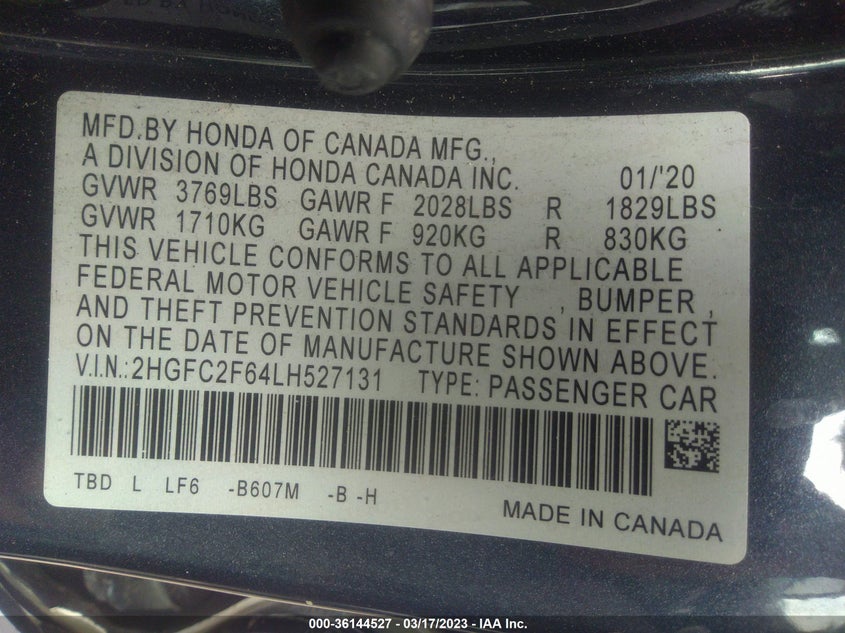 VIN 2HGFC2F64LH527131 2020 HONDA CIVIC SEDAN LX