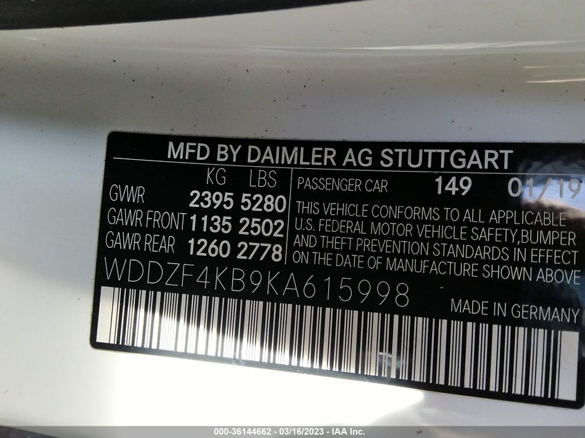 VIN WDDZF4KB9KA615998 2019 MERCEDES-BENZ E-CLASS E 300