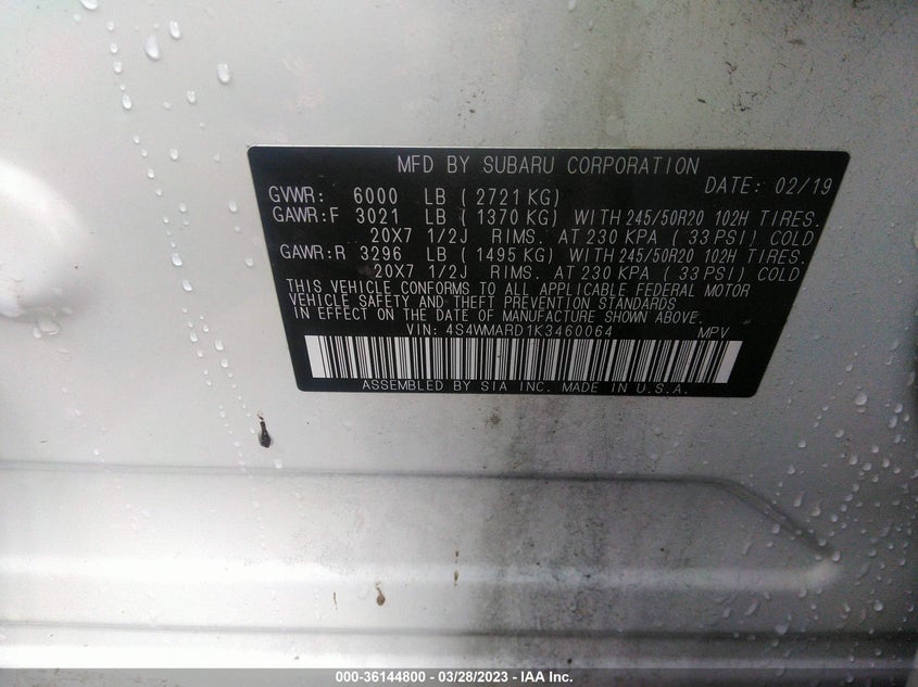 VIN 4S4WMARD1K3460064 2019 SUBARU ASCENT TOURING