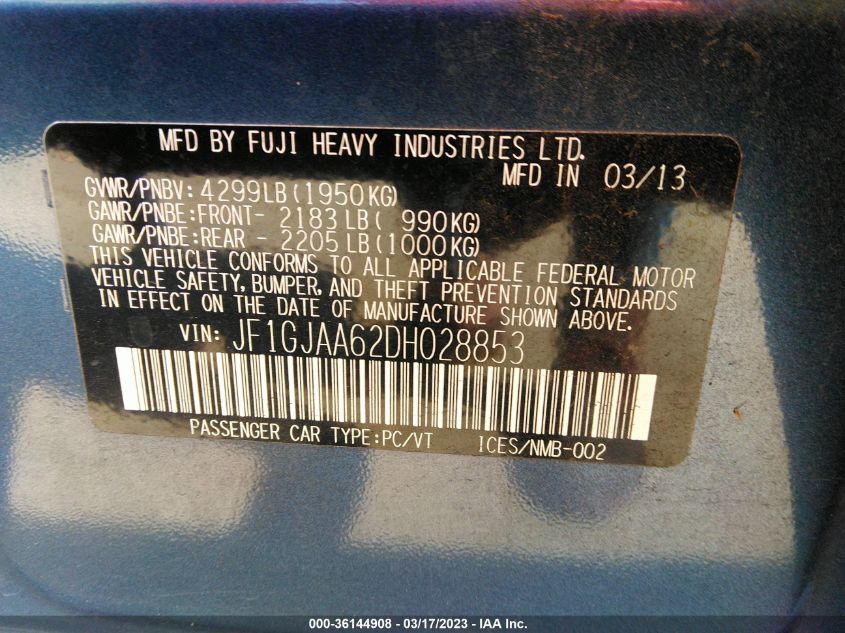 2013 SUBARU IMPREZA SEDAN - JF1GJAA62DH028853