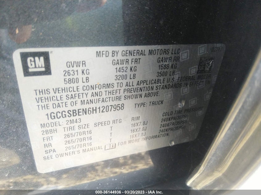 VIN 1GCGSBEN6H1207958 2017 CHEVROLET COLORADO 2WD WT