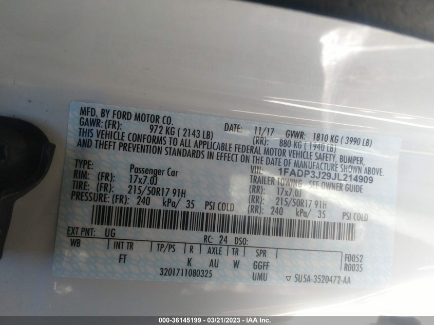 VIN 1FADP3J29JL214909 2018 FORD FOCUS TITANIUM