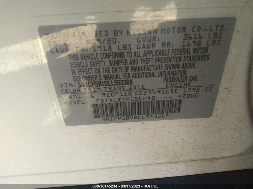VIN 3N1CP5BV2LL553368 2020 NISSAN KICKS S